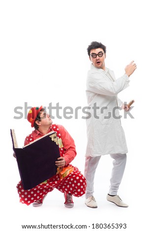 crazy doctor and a clown with a magic book on white background
