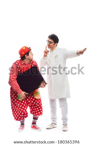 doctor scolding him crazy funny clown on white background