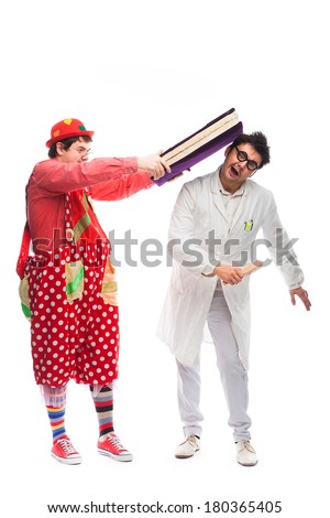 funny clown hit in the head with a book a crazy doctor, on white background