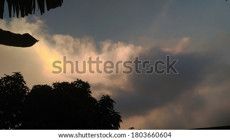 Image of black clouds covering the sun against the backdrop of a cloudy sky and silhouettes of tree leaves. Copy spaces for text, quotes, backgrounds.