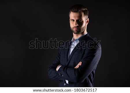 Profile side view portrait of his he nice attractive content elegant classy chic imposing guy shark agent broker financier specialist hr recruiter folded arms isolated on dark black color background