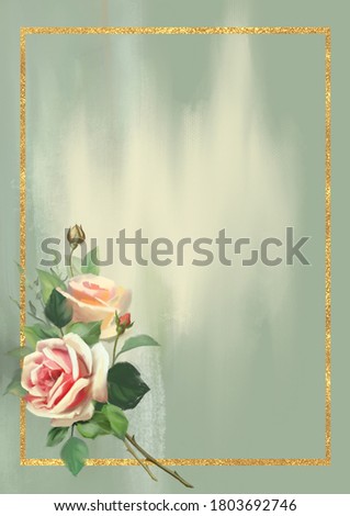 Greeting cart with roses. Oil painting style. Place for text