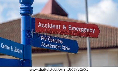 Accident and Emergency directional sign at UK hospital