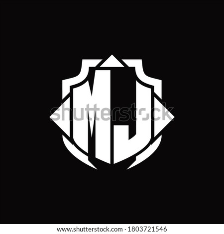 MJ logo monogram with shield line and 3 arrows shape design template on black background