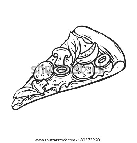 Slice of pizza with tomato, pepperoni and mushrooms. Hand drawn outline italian pizza for menu cafe design. Vector illustration.
