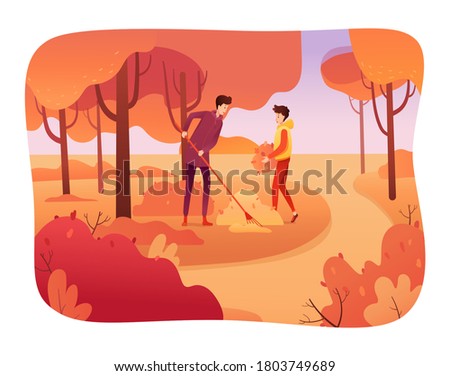 People cleaning leaves flat vector illustration. Smiling adult man with rakes and teen boy cartoon characters. Father and son doing seasonal chores together. Community work day design element