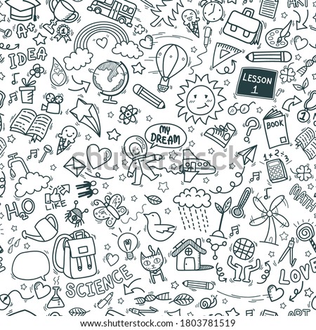 school doodle icons seamless pattern background. hand drawn education sign and stationery supply item and equipment symbols isolated on white background Royalty-Free Stock Photo #1803781519