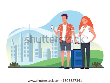 tourists couple standing with suitcase on the city characters vector illustration design