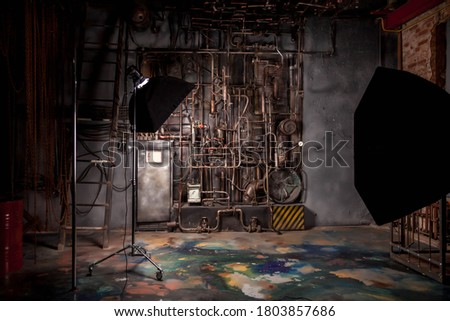 Photo shoot of old industrial interior of Factory floor with pipes and utilities. Luxurious backdrop for presentation and design of poster with author space for text or logo