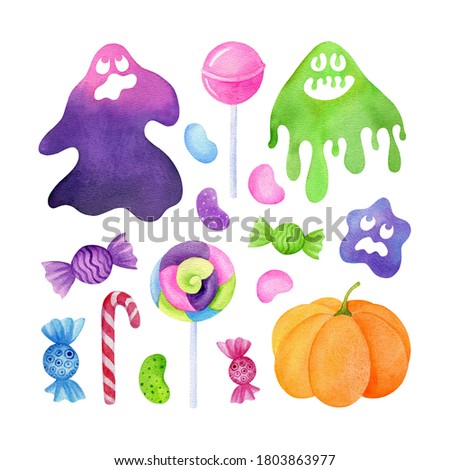 Halloween party watercolor clipart collection. Cute ghosts, orange pumpkin, colorful sugar sweets isolated on white. Traditional autumn holiday set. Hand-drawn illustration