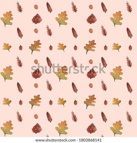 Watercolor autumn seamless background.   Falling leaves endless pattern. Cozy brown and orange wallpaper. 