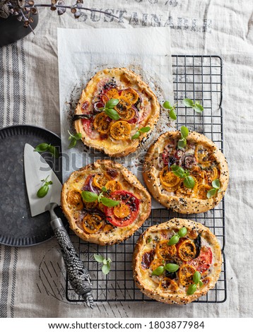 A group of Mini rustic tarts with mozzarella cheese, tomatoes, onions and basil leaves