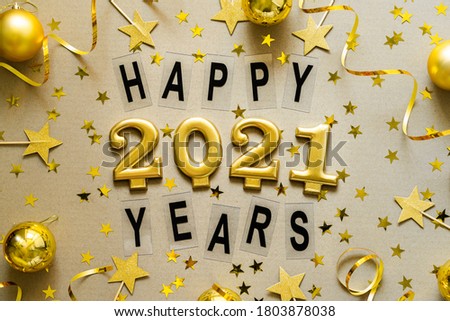 Happy New Years 2021. Christmas background with golden decorations, baubles, confetti. Christmas holiday celebration, winter, New Year concept.