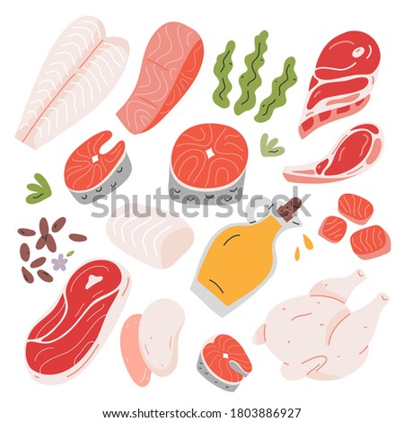 Cooking food ingredients, beef and lamb meat, salmon and white fish fillet ans steak, hand drawn vector illustration, isolated icons, flax seeds and vegetable oil