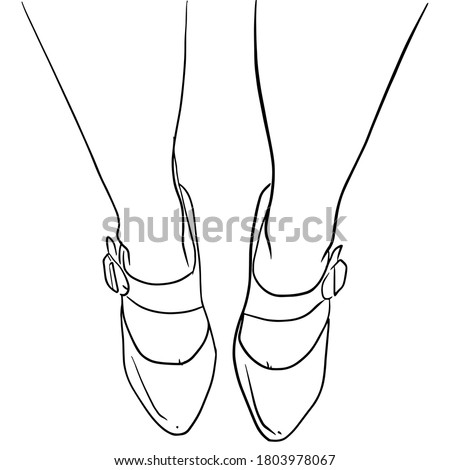 Outline sketch of feet in shoes top view. Fashion concept. Vector illustration
