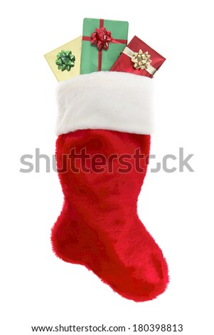 Red stocking with three christmas presents on white background 