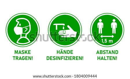 Round Instruction Signs in German with Basic Set of Measures against the Spread of Coronavirus Covid-19 including Wear a Mask, Sanitize Hands and Keep Distance 1,5 m or 1,5 Meters. Vector Image. Royalty-Free Stock Photo #1804009444