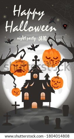 Vertical banner for holiday design, on the theme of all saints eve Halloween, Old house in the cemetery on the background of the moon, black gradient background, flat vector illustration
