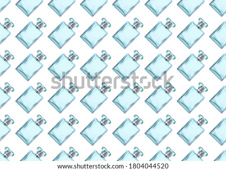 Perfume glass bottle seamless pattern isolated on white background. Blue parfum glass bottle with spray atomizer. 