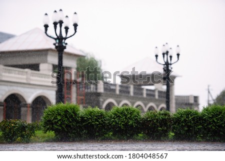 conceptual picture with raindrops, blurred focus, it's raining in  park, cloudy autumn weather