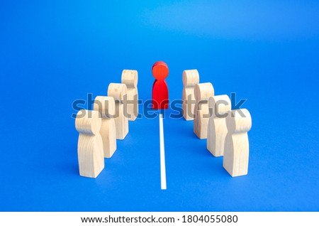 Mediator separates two conflicting groups with a white line. Resolution of the conflict through negotiations. Mediation and Arbitration. Deescalation of dispute. Concluding a truce, end confrontation Royalty-Free Stock Photo #1804055080