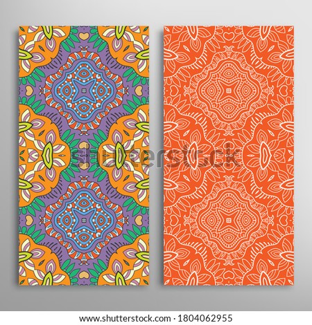 Vertical seamless patterns set, floral geometric lace texture for Wedding, Valentine's day, greeting card or Birthday Invitation. Decorative seamless doodle backgrounds. Ethnic ornament border pattern