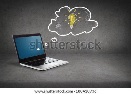 technology and advertisement concept - laptop computer with blank screen and ligth bulb in text bubble