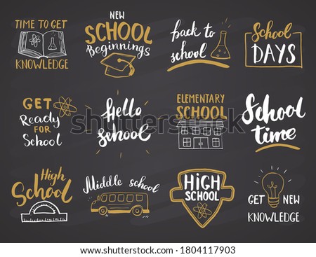 Back to School Calligraphic Letterings Set. Typographic Design. Calligraphy Lettering with School Elements sketch doodles. Hand Drawn illustration on chalkboard background.