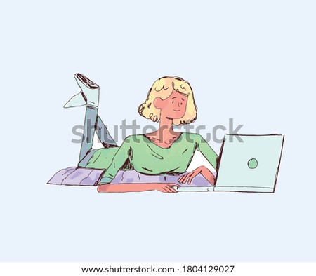 Girl Lying On Floor And Using Laptop, at home. Hand drawn concept vector illustration. Clip art