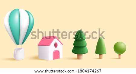 Tiny hot air balloon, house and set of trees in 3D illustration design elements over beige background
