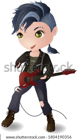 Chibi boy in a leather jacket and an electric guitar. Vector illustration.