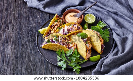salmon tacos with red cabbage salad with spicy yogurt sauce sprinkled with finely chopped parsley served on a black plate on a dark wooden table, horizontal view from above, close-up