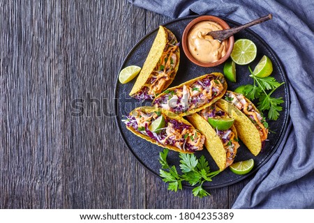 salmon tacos with red cabbage salad with spicy yogurt sauce sprinkled with finely chopped parsley served on a black plate on a dark wooden table, horizontal view from above, flat lay, free space