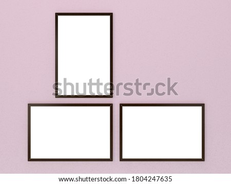 Set of 3, 1 horizontal and 2 vertical wooden frames hang on pink wall. Mock-up and Template for art, design, photography, illustration and painting. Interior, Gallery, museum and exhibition.