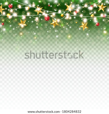 Border with gold stars, xmas lights and red balls isolated on green transparent background. Vector abstract Christmas tree garland banner template