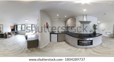 360 Degree Full Sphere Panoramic photo of a modern newly built house interior kitchen showing new kitchen appliances. Royalty-Free Stock Photo #1804289737