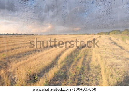An agricultural field with haystacks, illuminated by evening sunlight after rain, behind wet glass in autumn. The concept of changing bad weather to good. Abstract blurred landscape.