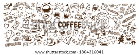 cute doodle cartoon coffee shop icons. vector outline hand drawn for coffee and bakery for cafe menu, including supply item and equipment isolated on white background. drawing style Royalty-Free Stock Photo #1804316041