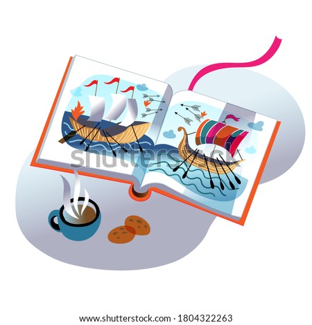Children's book on historic naval battle of ships, open pages with images of enemy ships at sea, arrows fly. Vector cute illustration of kid educational literature, nautical adventures, pirates story