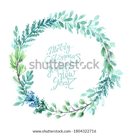 Wreath christmas new year tree pine cedar leaves branches calligraphy lettering winter season blue cold watercolor illustration isolated