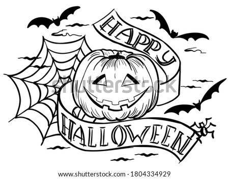 Halloween pumpkin and lettering isolated on white background, hand drawn, trandy sketch style, vector illustration. Suitable for greeting cards and posters and web design.