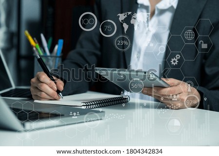 Double exposure of businesswoman working on smartphone and laptop with digital marketing virtual chart, Abstract icon, Business online strategy concept.