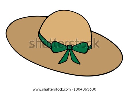 The hat is female. Colored vector illustration. Isolated white background. Straw headdress with a bow. Sunstroke protection. Beach napper. Cartoon style. Stylish accessory. Vacation mood. Web design.