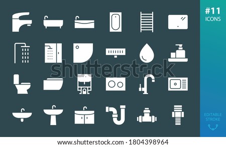 Sanitary ware solid icons set. Set of bathroom, bath, faucet, toilet, shower, sink, washbasin, water trap, shower drain, heated towel rail, bathtub, pipes, plumbing pipes and fittings glyphs icon Royalty-Free Stock Photo #1804398964