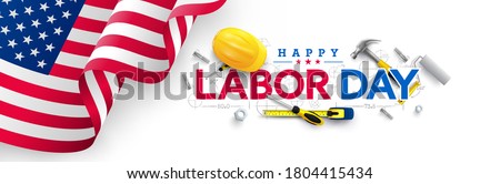 Labor Day poster template.USA Labor Day celebration with American flag,Safety hard hat and Construction tools.Sale promotion advertising Poster or Banner for Labor Day Royalty-Free Stock Photo #1804415434