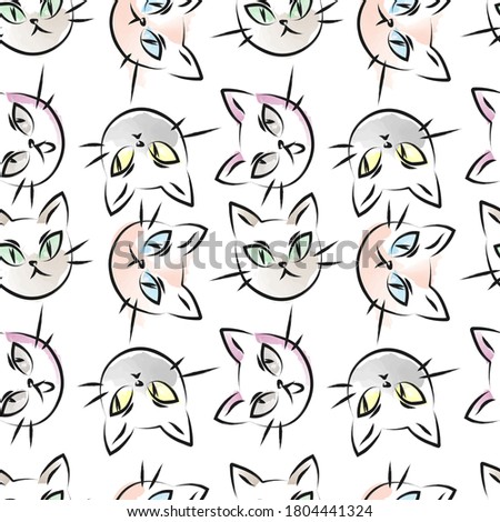 Watercolor line cat seamless pattern. Good for textile, wrapping, wallpapers, etc. Cat  isolated on white background. Vector illustration.
