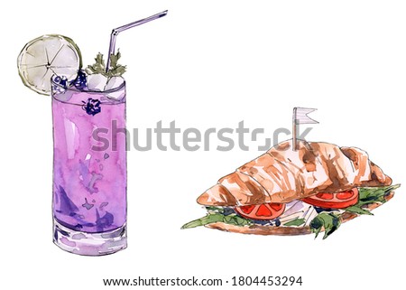 Watercolor illustration of lemonade with sandwich