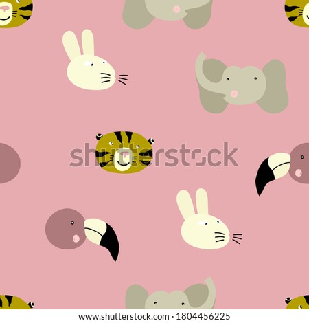 Cute  seamless colorful  pattern with heads of exotic animals and birds in hand-drawn style  on the pink background. Simple and stylish trendy fabric design for children.