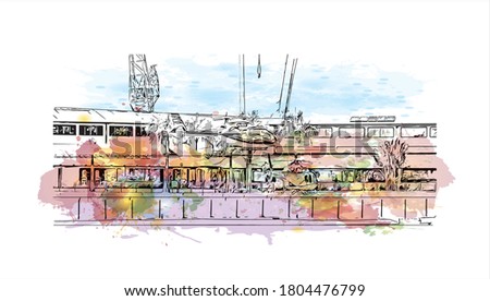 Building view with landmark of Angra dos Reis is a Brazilian municipality in southwest Rio de Janeiro state. Watercolor splash with  hand drawn sketch illustration in vector.