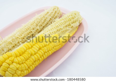 Corn eating and cob placed on pink trays with white background. Food with vegetarian and healthy concepts photography.